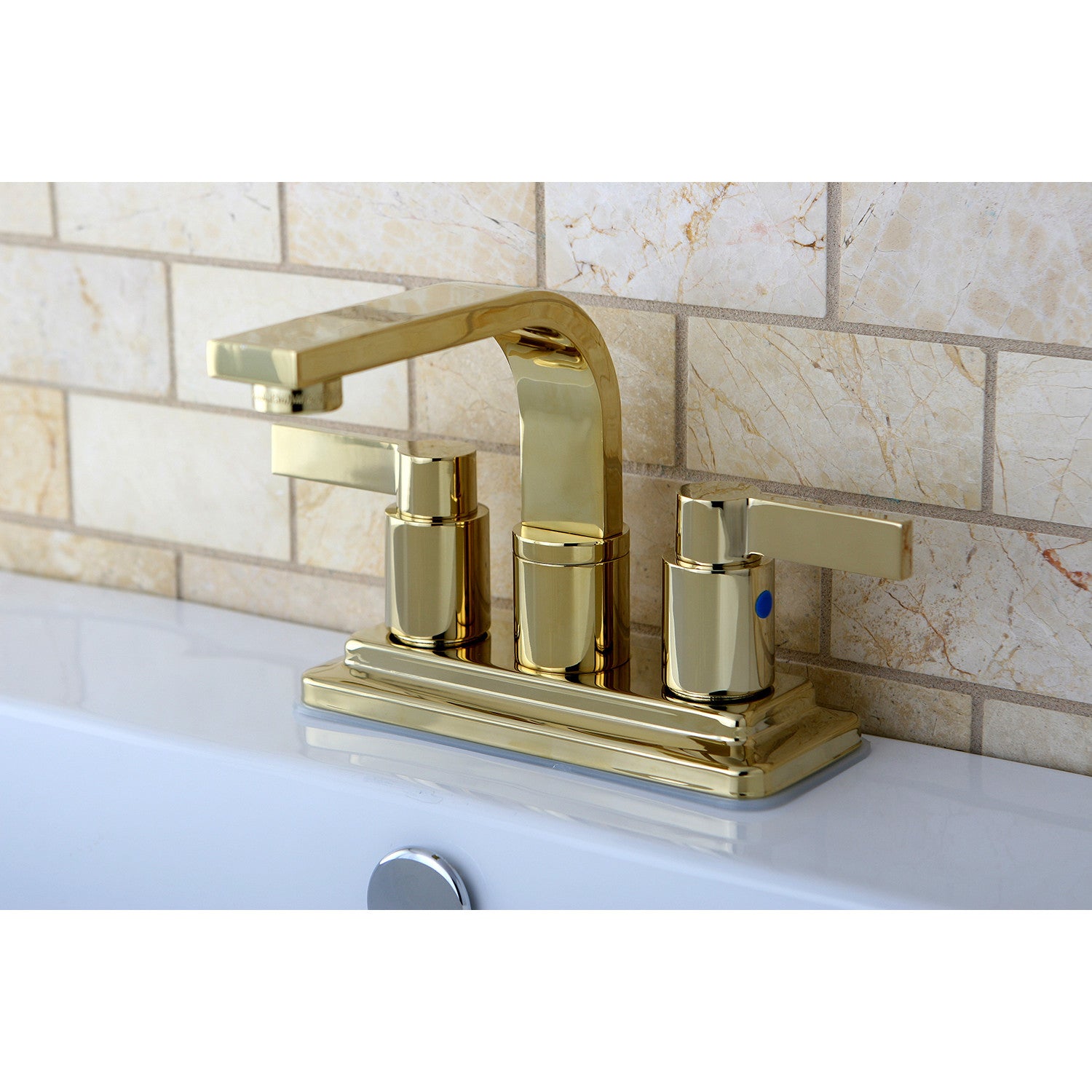Kingston Sona KB8462NDL - NuvoFusion Double-Handle 3-Hole Deck Mount 4-Inch Centerset Bathroom Faucet with Push-Up Pop-Up, Polished Brass — thumbnail 2